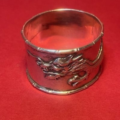 Antique Chinese export silver dragon design napkin holder Hung Chong & Co